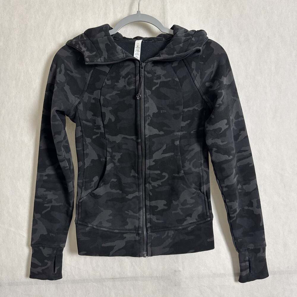 Lululemon Women's 2 Black Camo Cotton Scuba Full Zip Hooded Jacket